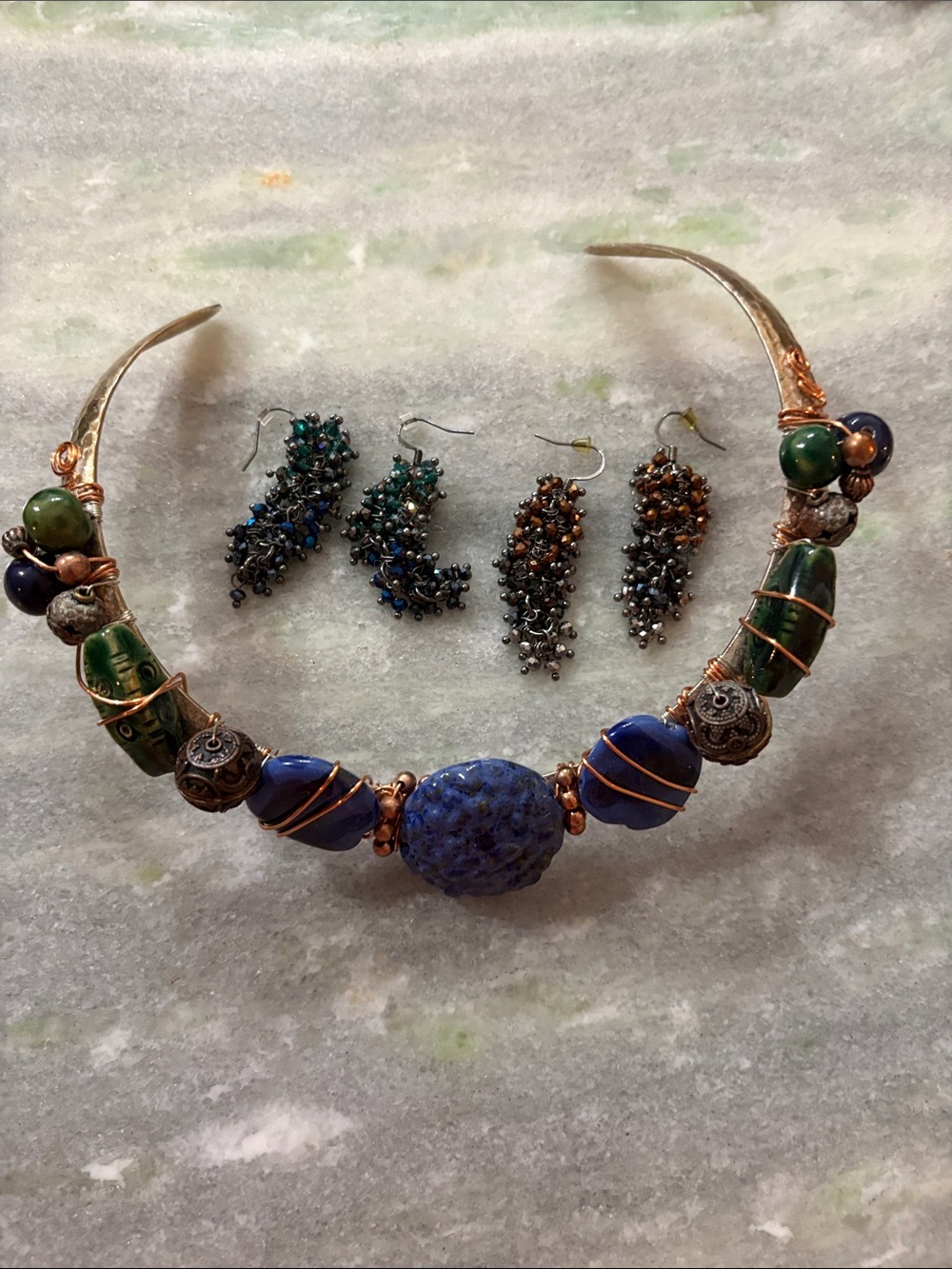 Handcrafted Blue and Green Statement Collar Necklace with Matching Earrings